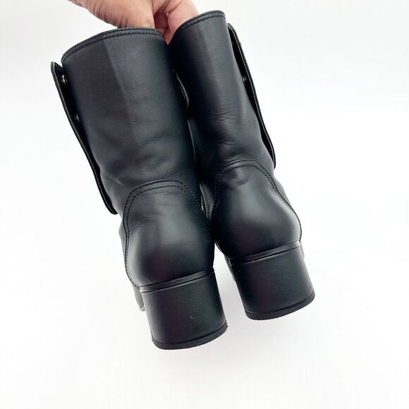 CHANEL 2019 Black Leather Lace Up Combat Boots Size 37 CC Logo Booties Cap Toe - Picture 5 of 12